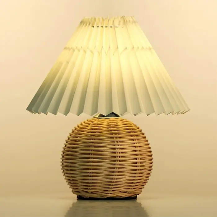 Lampe de Table Vintage en osier avec abat-jour plissé