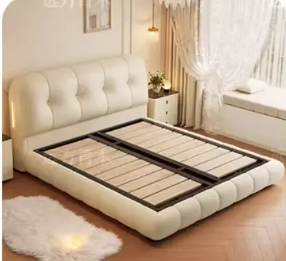 Lit moderne 200x220cm pour 2 personnes, table de chevet, cadre de lit king size, lit double en bois,