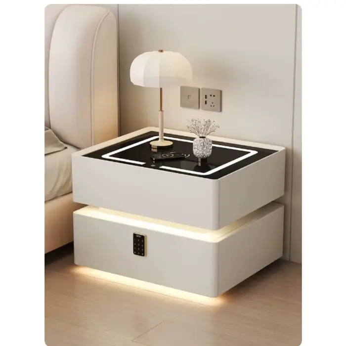 Table de chevet en bois massif avec chargement sans fil et table de chevet intelligente pour chambre