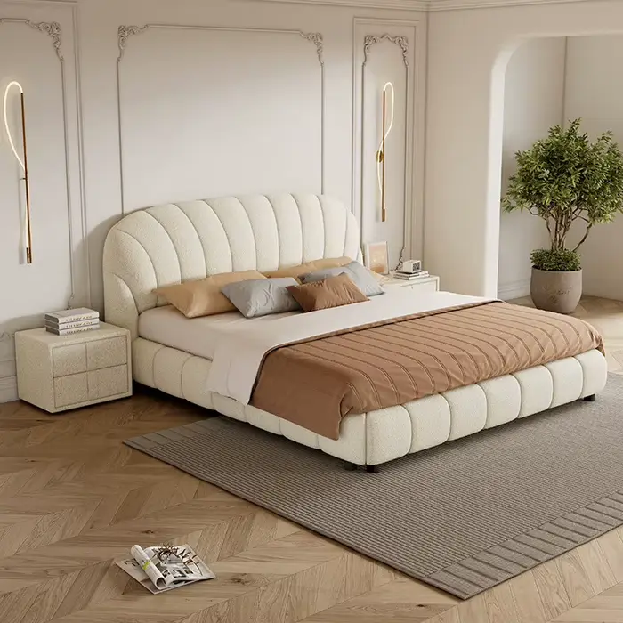 Lit double de luxe léger en coquille française de haute qualité, cadre rembourré souple, taille Extr
