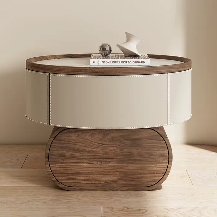 Table de chevet en bois massif et cuir
