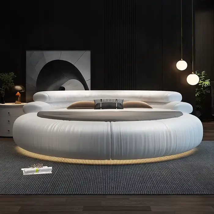 Lit rond pour chambre à coucher, lit double moderne de style hôtelier, lit queen-size futuriste, meu