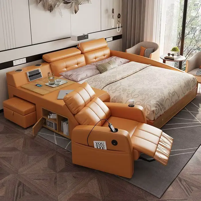Lit de chambre en cuir avec table de toilette intégrée