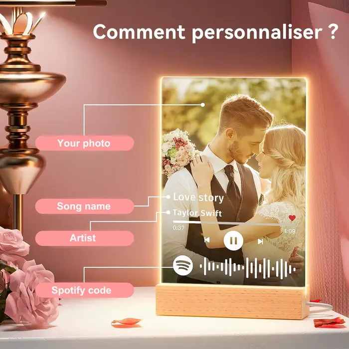 Lampe personnalisée Spotify avec photo, plaque de chanson personnalisée, cadeau d'anniversaire roman
