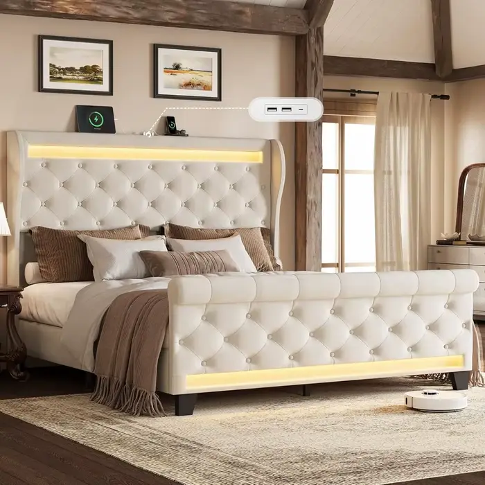 Cadre de lit queen size avec tête de lit, lit plateforme en velours rembourré avec tête de lit haute