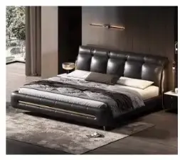 Lit en cuir 200x220cm pour 2 personnes, tête de lit moderne, cadre noir, lit double, lit queen, lit