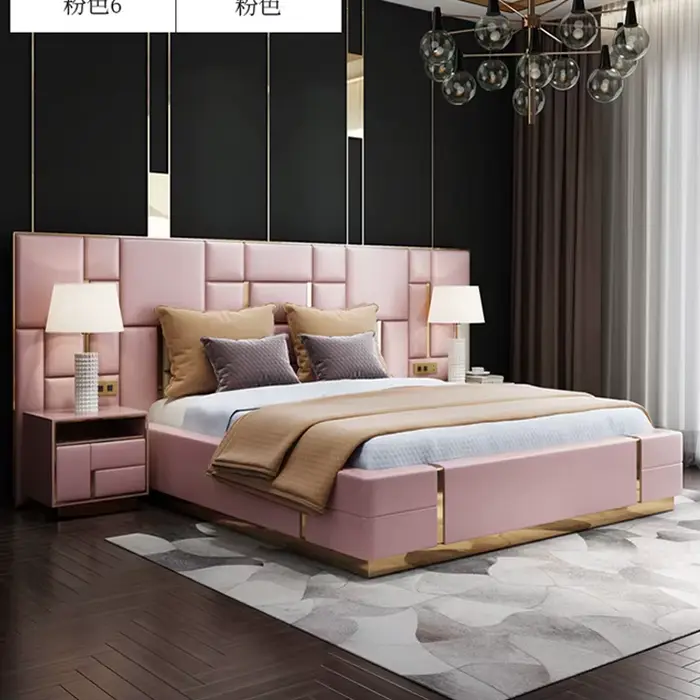 Ensemble de meubles de chambre à coucher de luxe moderne, lit avec sommier relevable en bois massif 