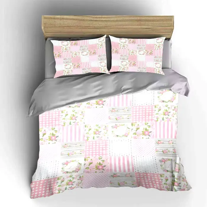 Parure de lit patchwork fleuri rose 3 pièces