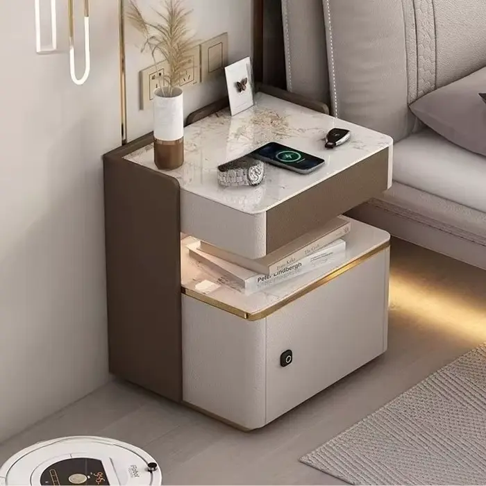 Table de chevet design intelligente avec tiroir de rangement, lampe et coffre-fort intégré – Meuble 