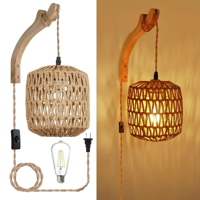 Led rotin applique chambre salon tissé lumière lampes de chevet E27 rétro chanvre corde lumières décoration intérieure luminaires