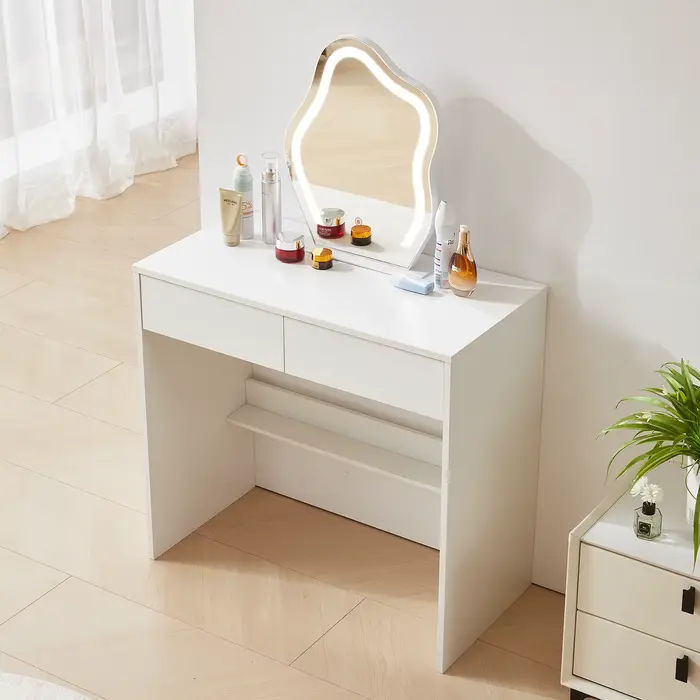 Ensemble de commode avec miroir et bande lumineuse, commode de maquillage blanche avec 2 portes de p