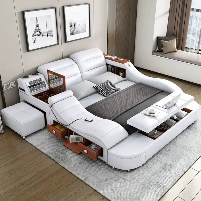 Lit intelligent réglable avec rangement, style nordique de luxe, lit à plateau avec commodes, ensemb