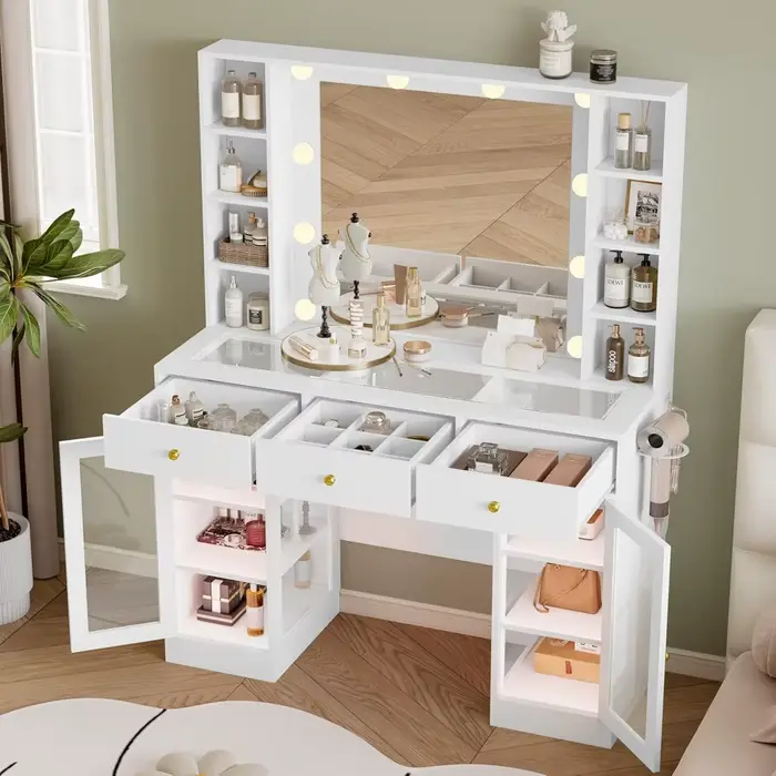 Vanité blanche avec plateau en verre