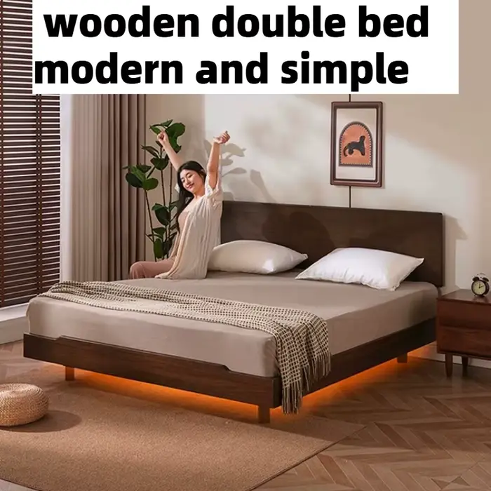 Cadre de lit double en bois 180x200cm avec tête de lit organisatrice