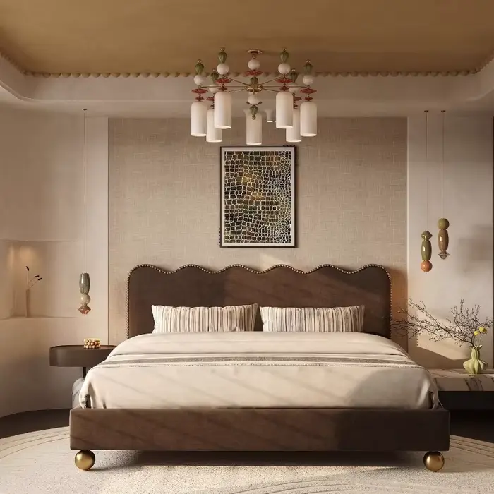 Lit Queen Size en Bois Massif Style Vintage Français, Cadre de Lit Moderne Esthétique, Meuble de Cha