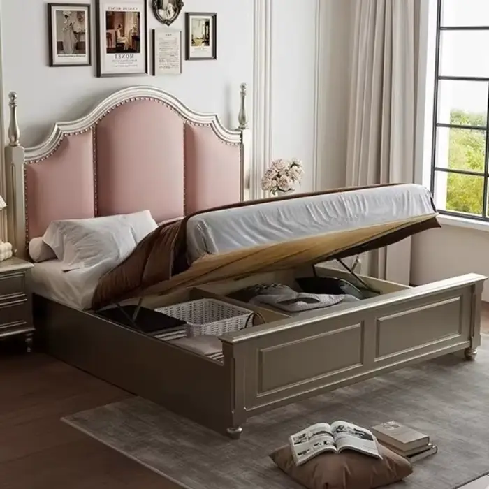 Lit en bois massif français, design nordique moderne, lit pour 2 personnes, taille king, table de ch