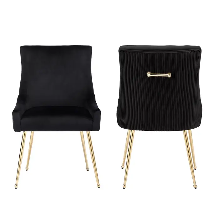 Ensemble de 2 chaises de salle à manger en velours, pieds en métal doré, dossier plissé rembourré, p