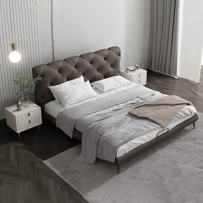 Lits fantaisie De luxe cadre rembourré double tables De chevet lit chambre nordique Camas De Matrimonio dortoir meubles accessoires