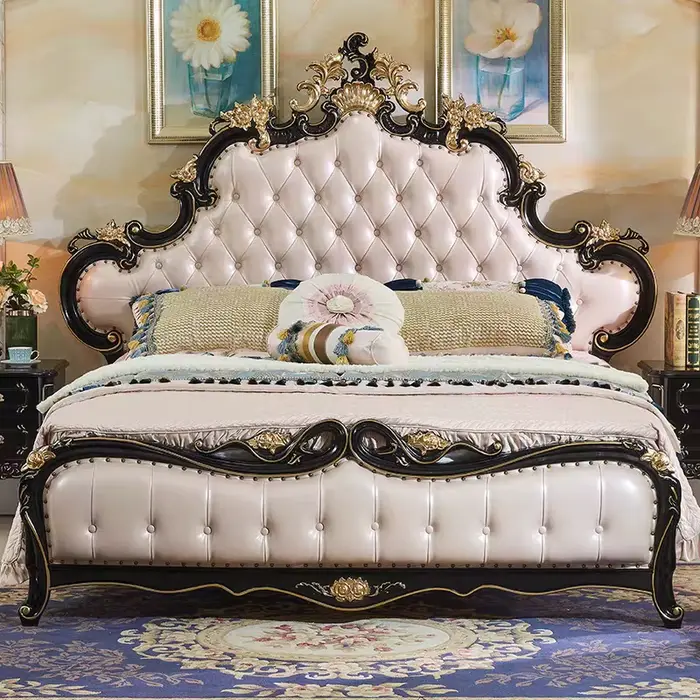 Lit Queen Size de Luxe avec Table de Chevet et Tête de Lit, Cadre de Lit Fantaisie, Esthétique Uniqu