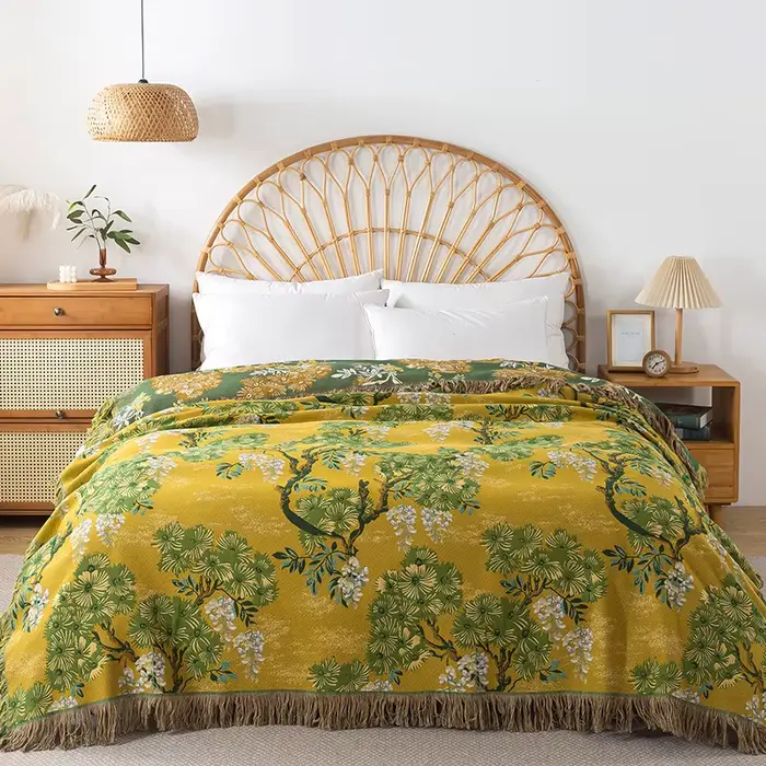 Couvre-lit en coton et mousseline avec pompon, couverture de sieste, couette, serviette, canapé, dou