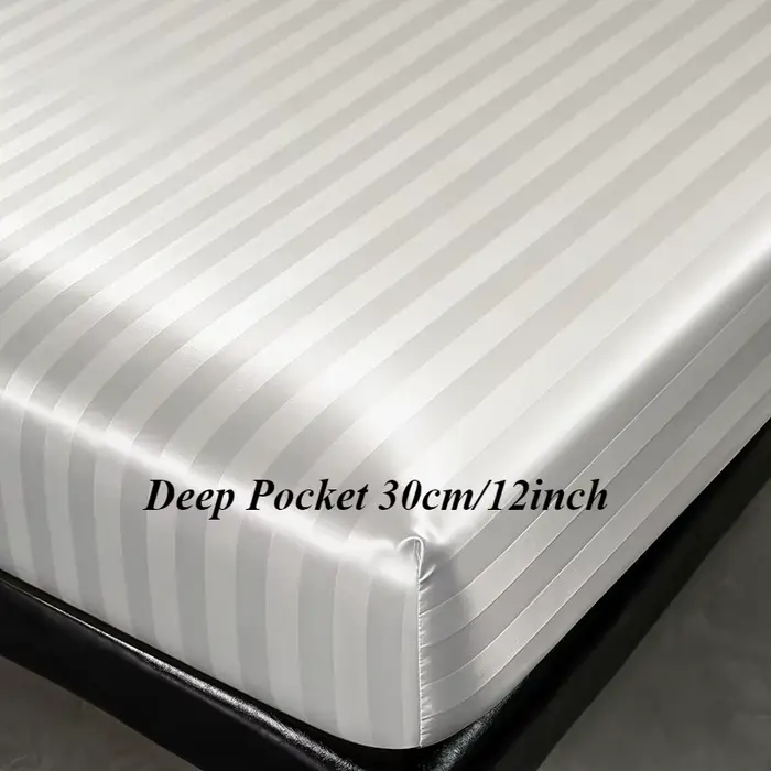 Drap-housse de luxe en satin rayé avec bande élastique, doux et soyeux, poches profondes, pour lit s