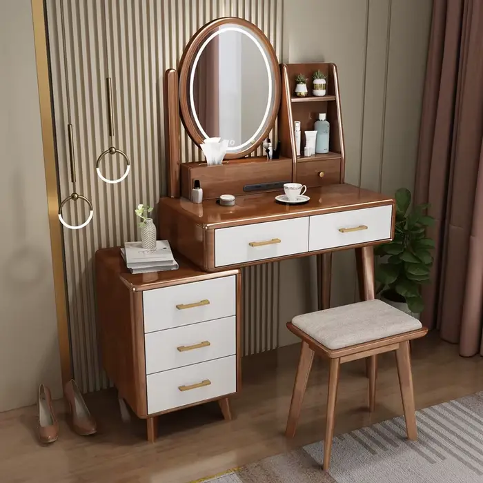 Coiffeuse de luxe avec miroir et tabouret, bureau de vanité de chambre à coucher avec miroir éclairé