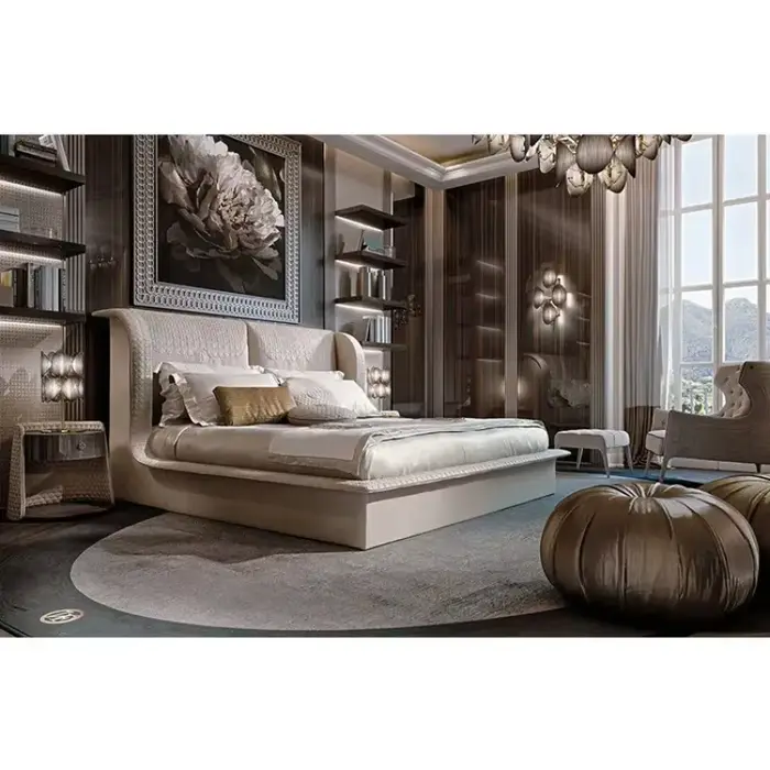 Ensemble de lit de meubles de chambre d'hôtel de lit en tissu de meubles de luxe d'intérieur d'hôtel