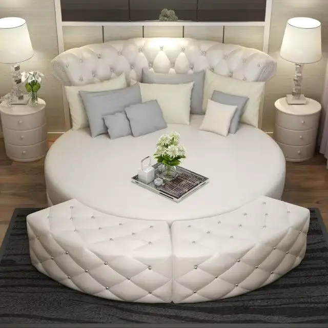 Lit rond moderne pour chambre à coucher, décoration pour adolescentes, lit pour 2 personnes, cadre d
