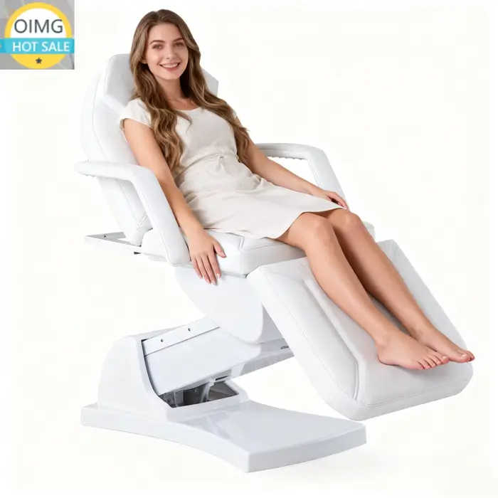 Lit d'extension de cils électrique multifonctionnel debout en cuir PU blanc ivoire 3 moteurs Lit de massage