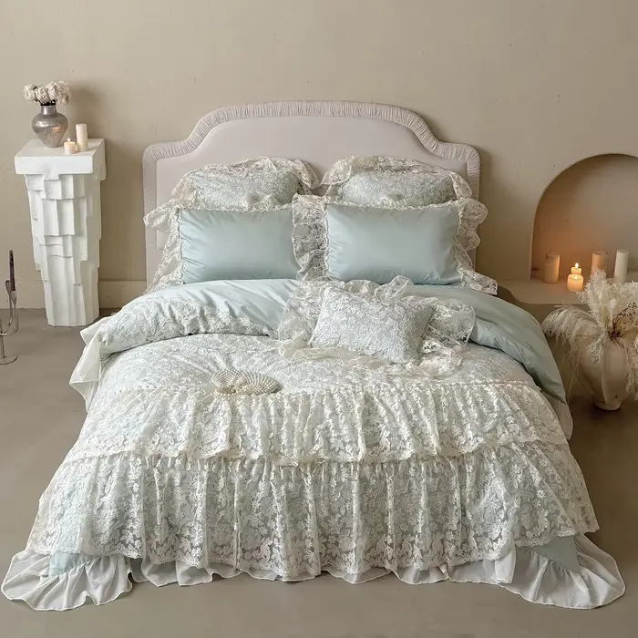 Ensemble de literie en coton égyptien beige, style princesse, luxe, broderie en dentelle, ensembles 