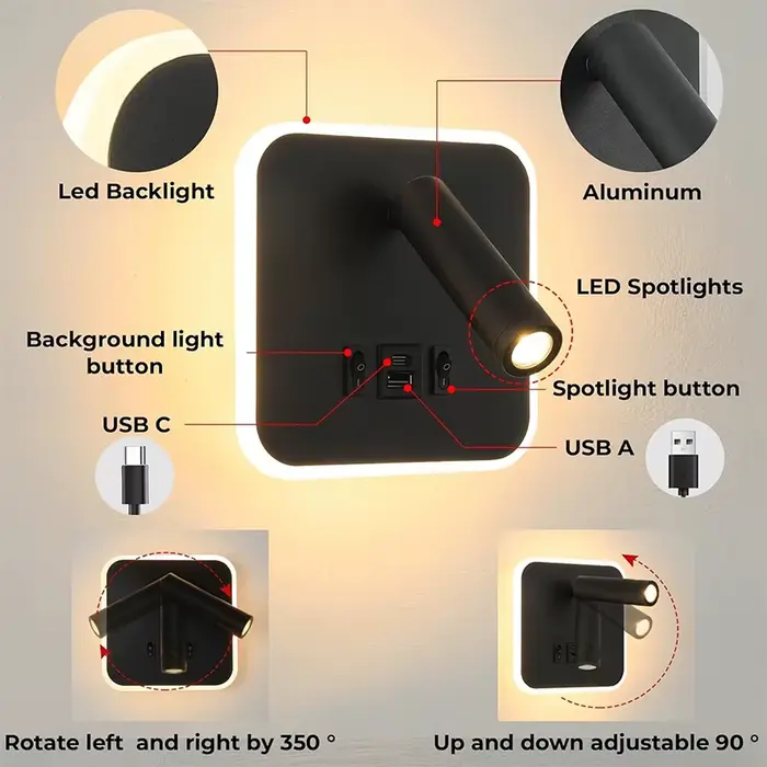 Lampe murale LED de chevet rotative avec interrupteur