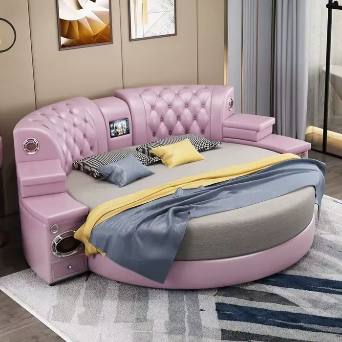 Lit Double rond de luxe rembourré en cuir, lit Queen, hôtel, moderne, Recamaras matrimoniales, meubl