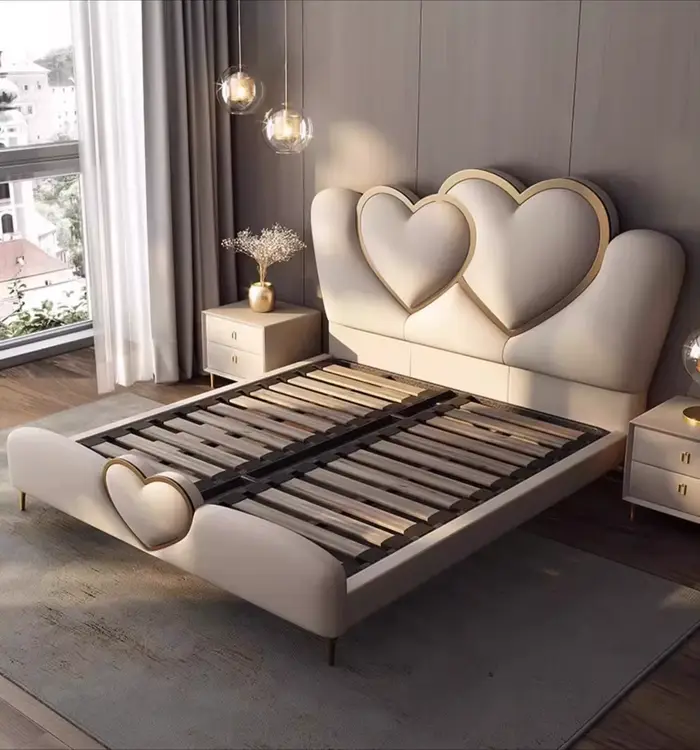 Cadre de lit de luxe 180x200cm avec support métallique, lit Queen Size Français, rangement intégré, 