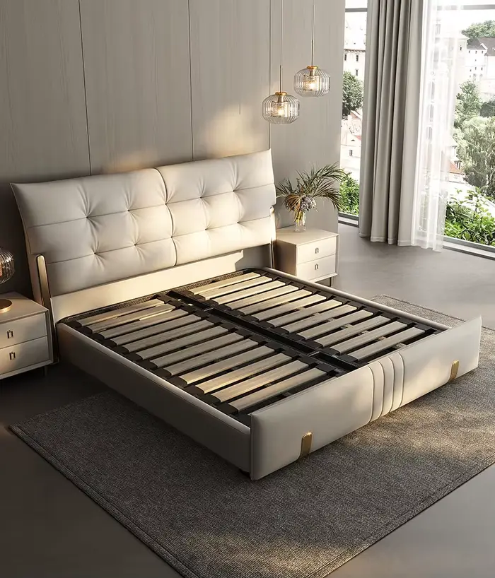 Meubles de chambre à coucher de luxe modernes, lits rembourrés en bois doux, cadre de lit Double Sup
