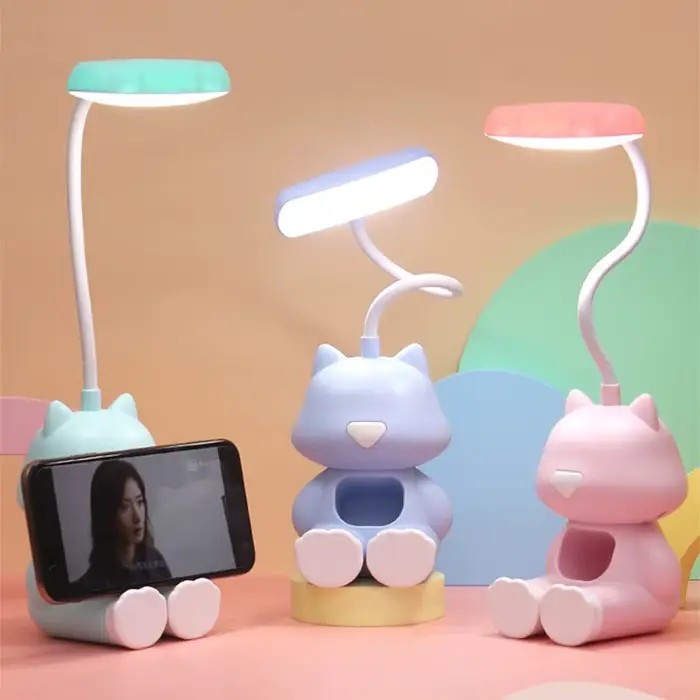 Lampe de bureau Led Flexible en forme de chat mignon et créatif, avec support pour téléphone, lampe de chevet réglable de couleur, pour chambre d'étudiant d'enfants
