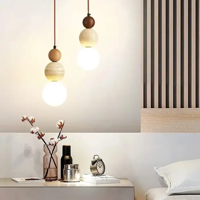 Lampe à suspension de style crème chambre chevet lustre LED pierre bois lumière design Bauhaus resta