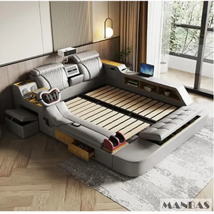Lit intelligent Tech Smart - Le lit multifonctionnel ultime avec cuir véritable, massage, haut-parle