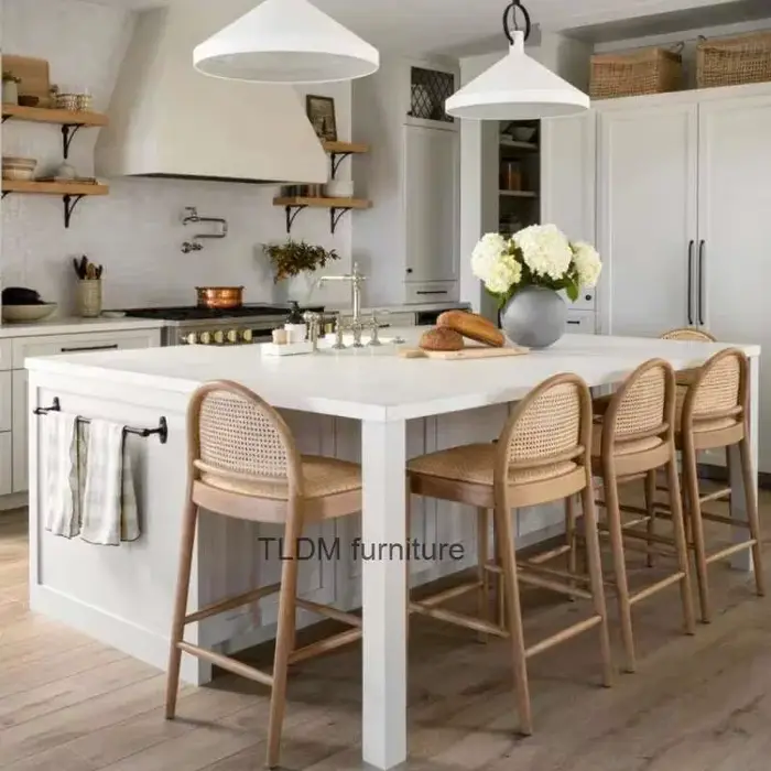 Tabouret de bar en rotin nordique avec dossier, chaise de bar de luxe pour la maison, chaises de sal