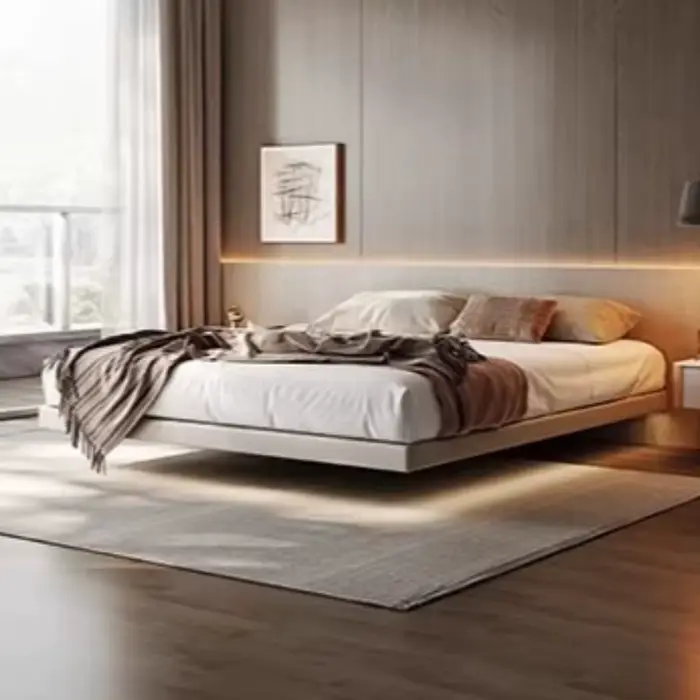 Lit double suspendu en bois massif, décor doux, esthétique minimaliste, lit artistique pour 2 person