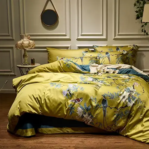Ensemble de literie en coton égyptien soyeux, jaune, style chinois, oiseaux, fleurs, housse de lit a