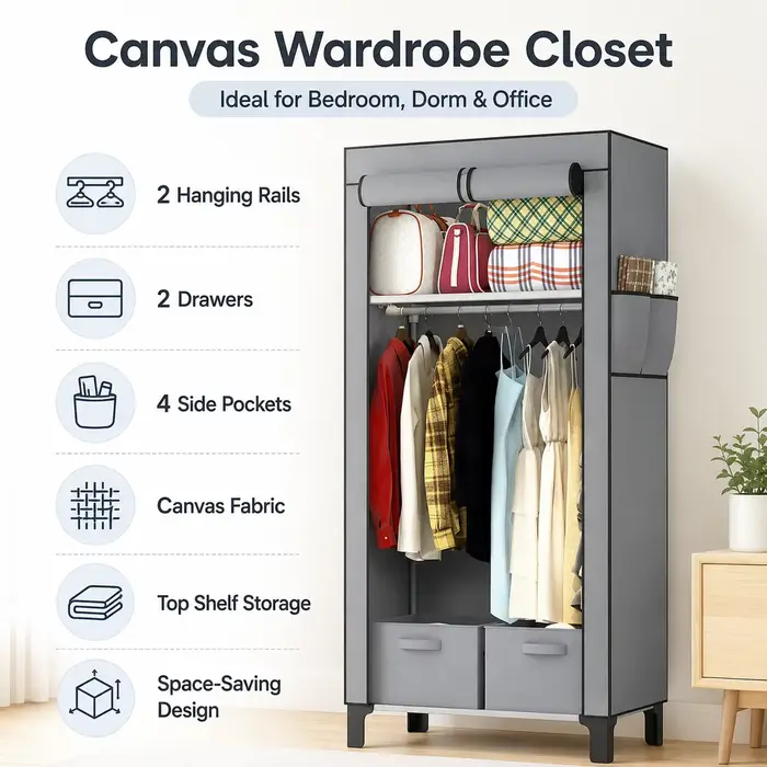 Armoire en toile grise avec 2 barres de suspension