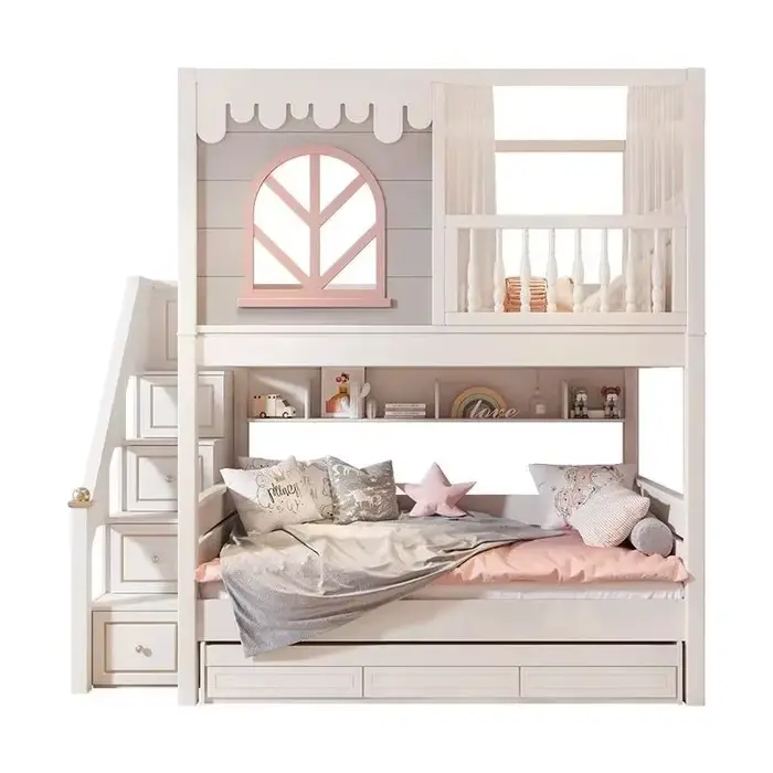 Lit superposé loft moderne pour enfants, lit superposé combiné en bois rose pour filles avec armoire