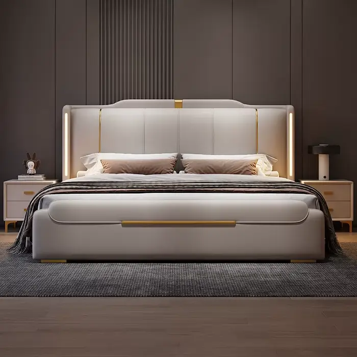 SAT. Lit double moderne de luxe en cuir souple avec cadre en bois massif et rangement pour la maison ou la chambre d'hôtel