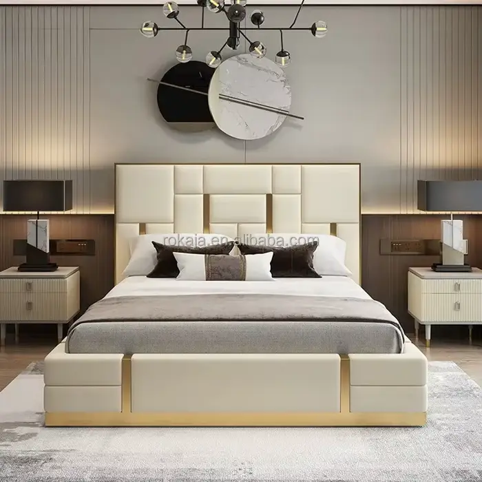 Lit Queen Double personnalisable haut de gamme, dossier élastique, tête de lit en cuir givré, meuble