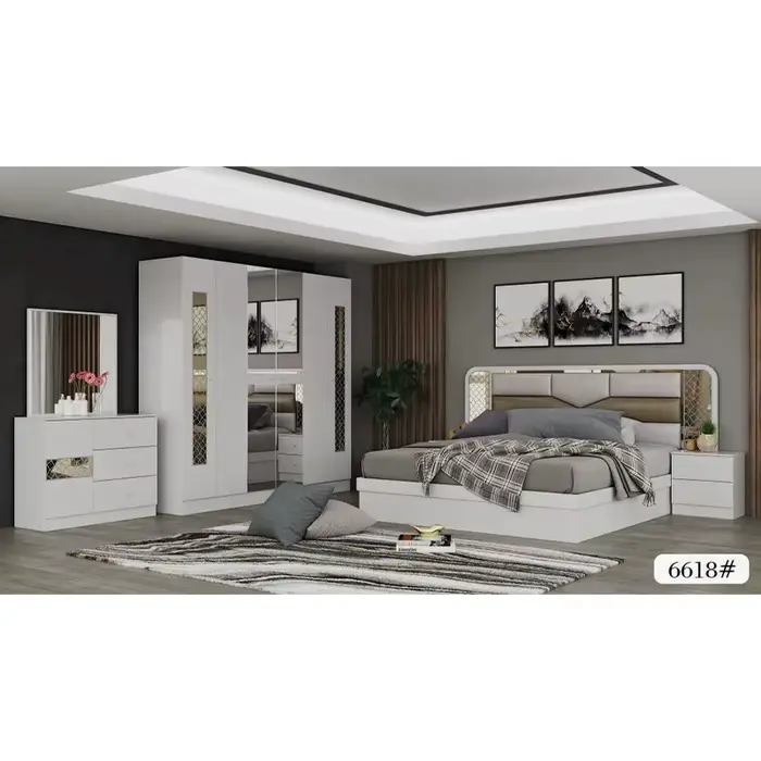 Ensemble de meubles de chambre à coucher moderne MANBAS 6 pièces avec cadre de lit, matelas en latex