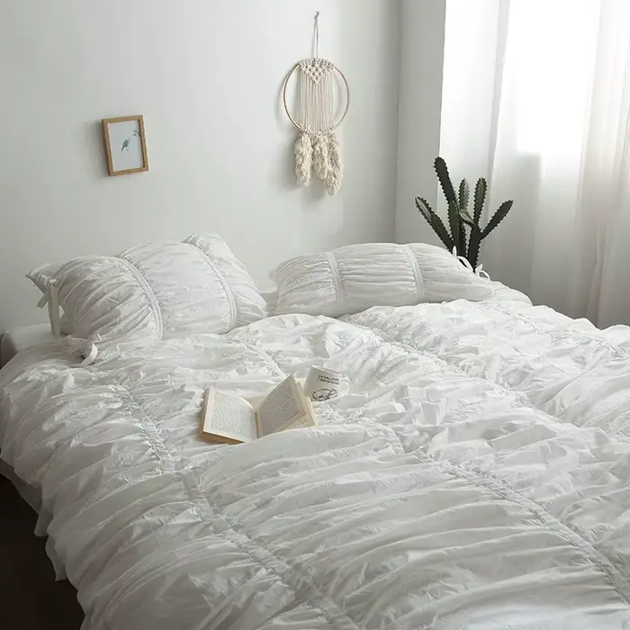 Parure de lit 100 % coton lavé à volants, housse de couette blanche, taille Queen/King avec nœuds, u