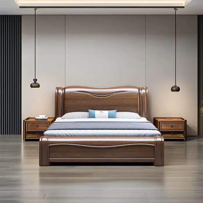 Lit double moderne personnalisé en bois massif, meubles de chambre King Size avec rangement pour la