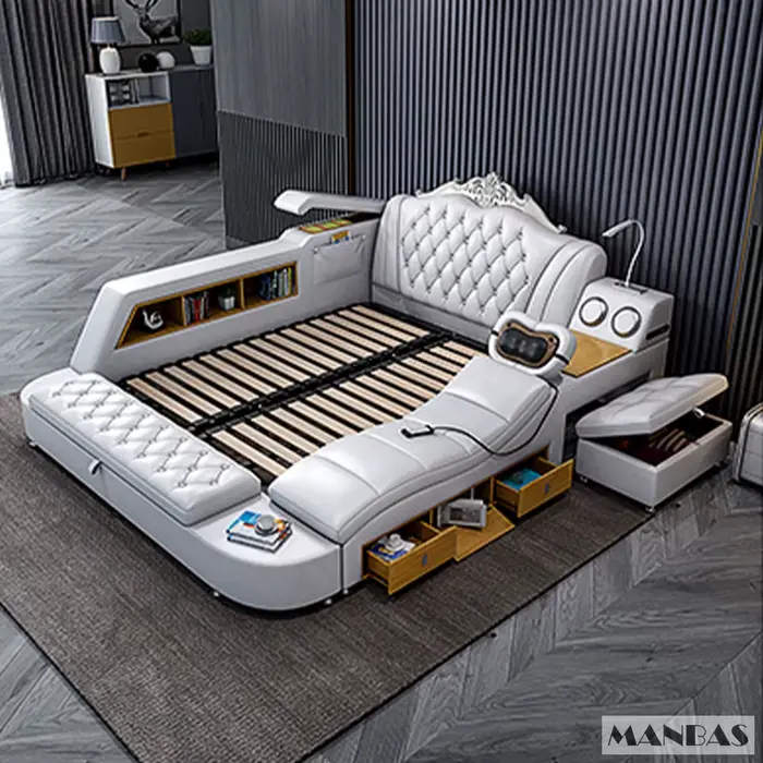 Lit multifonctionnel intelligent MANBAS Ultimate avec cadre en cuir véritable, massage, USB, haut-pa