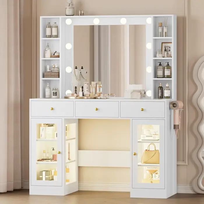 Vanité blanche avec plateau en verre, lumières LED et prise de courant, 3 tiroirs