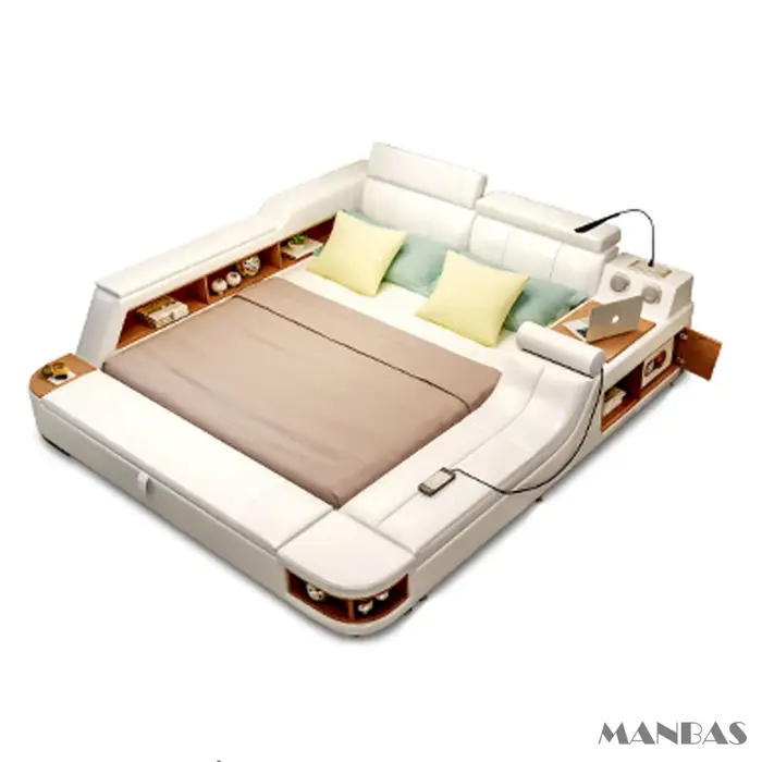 Cadre de lit intelligent de luxe, lit tout-en-un, lit plateforme recouvert de cuir véritable avec ha